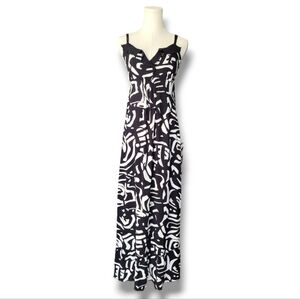 JENNY HELENE Black and White Print Empire Waist Maxi Dress w/ Convertible Straps